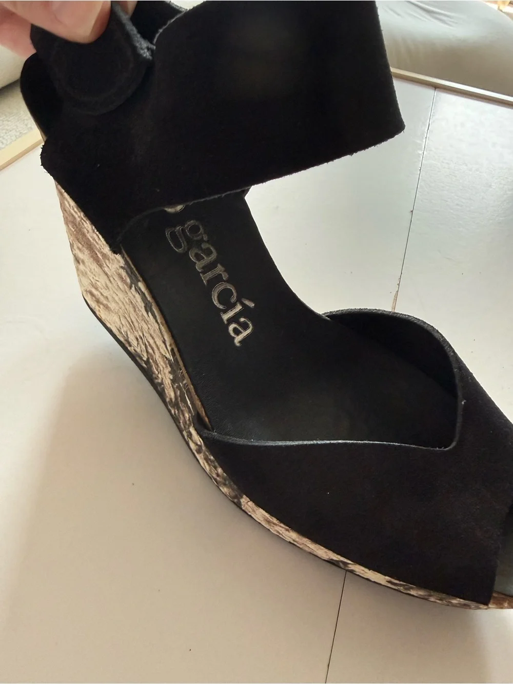 Pedro Garcia Black Suede Wedge Sandals with Patterned Cork Platform